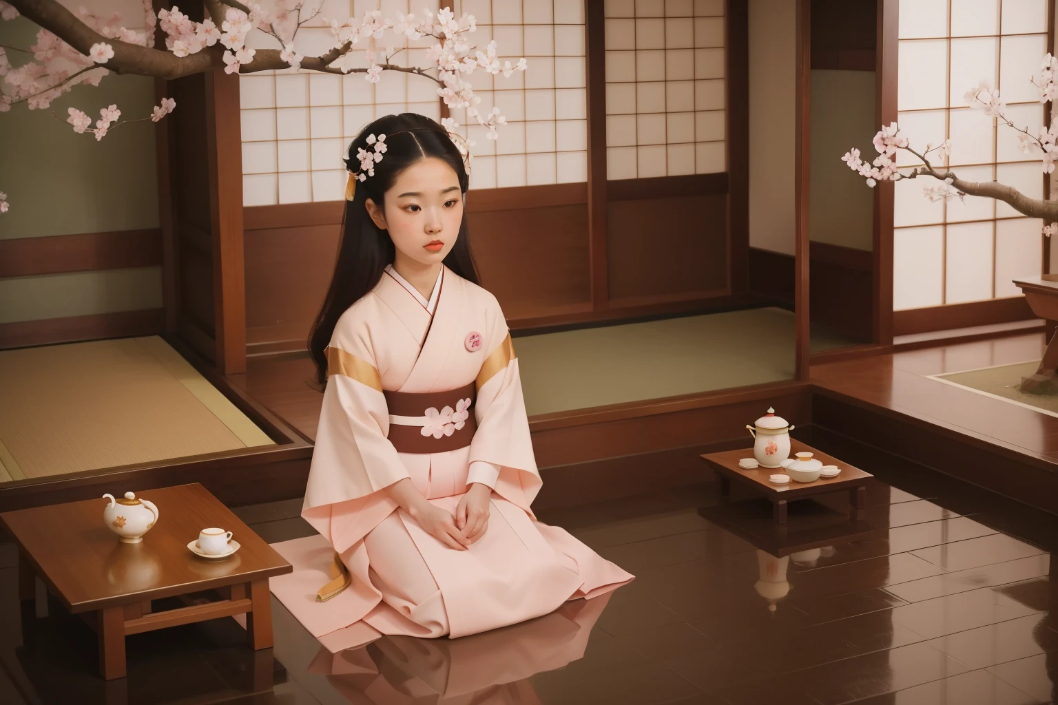 1750s Japanese Cherry Blossom Tea Ceremony (Location: Kyoto)
Character: A Japanese girl, , with a serene demeanor and ebony hair adorned with cherry blossoms, participates in a traditional tea ceremony in a Kyoto garden during the 1750s. She wears a delicate kimono, and her presence exudes an air of graceful innocence. Wes Anderson's Kyoto palette infuses the scene with subtle elegance.