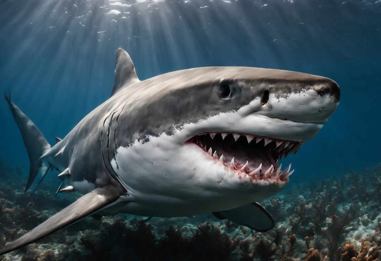 (best quality,4k,8k,highres,masterpiece:1.2),ultra-detailed,realistic underwater photography of a (majestic,mighty) white shark, (captivating,mesmerizing) (close-ups,detail shots) of the shark's (fierce,strong) eyes and (sharp,powerful) teeth, (graceful,fluid) movements of the shark in the (crystal-clear,pristine) water, (sunlight,muted light) filtering through the surface, revealing the (striking,vibrant) colors of the underwater world, (dramatic,ethereal) (lighting,atmosphere) creating a sense of (mystery,wonder), (expertly-captured,award-winning) (composition,angle) showcasing the shark's (impressive,majestic) size and presence, (subtle,gentle) (coral,seaweed) formations adding depth and texture to the scene, (senses,immerses) viewers into the (captivating,turbulent) world of the ocean, leaving them in awe of the beauty and power of the white shark.