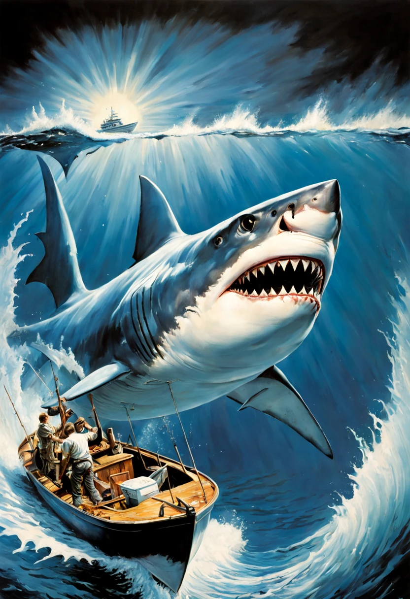 a painting of a shark attacking a boat, poster art by Drew Struzan, fantastic realism, movie poster, Ink, Spray, Pencil & Acrylic Paint On Paper