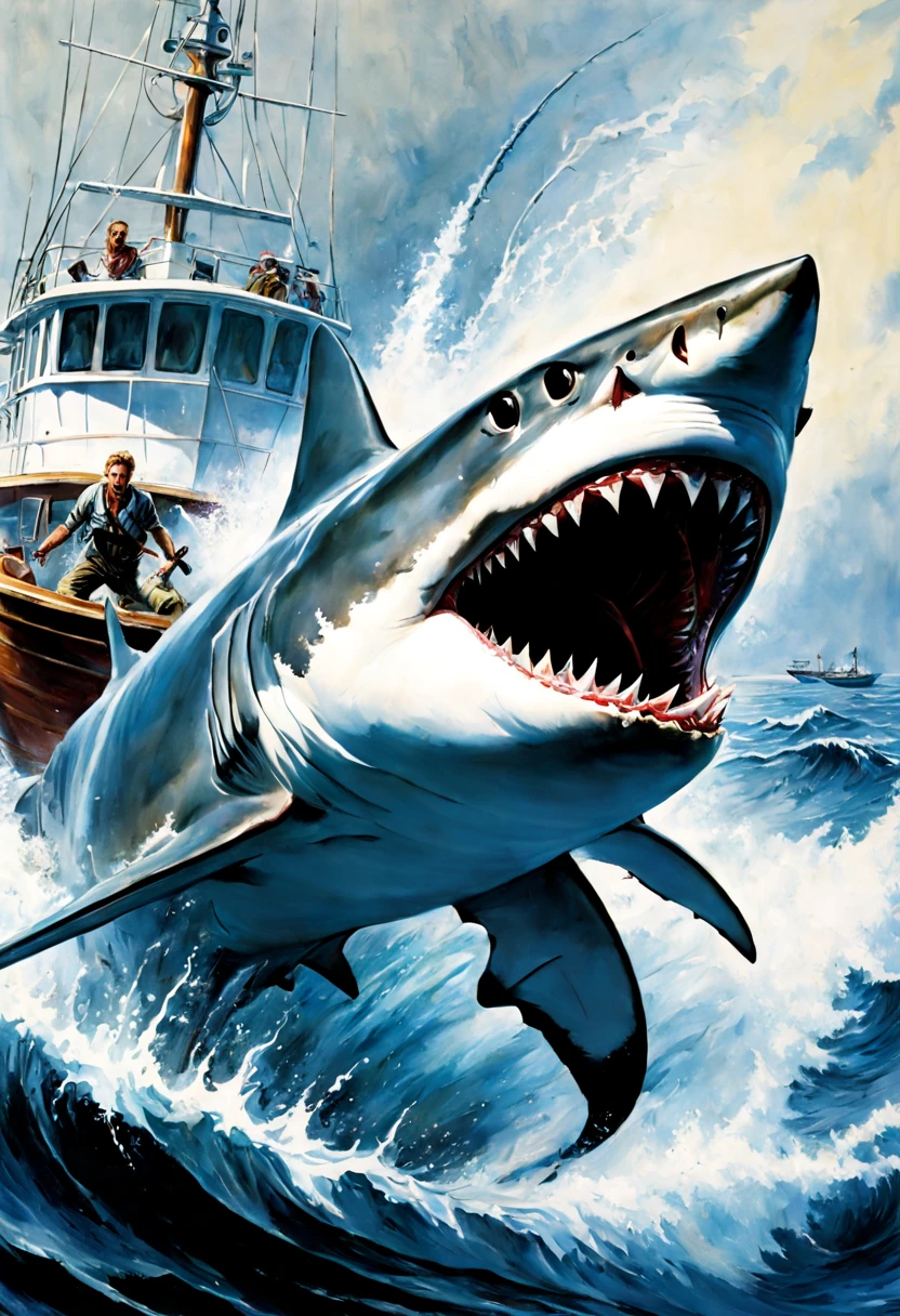 a painting of a shark attacking a boat, poster art by Drew Struzan, fantastic realism, movie poster, Ink, Spray, Pencil & Acrylic Paint On Paper