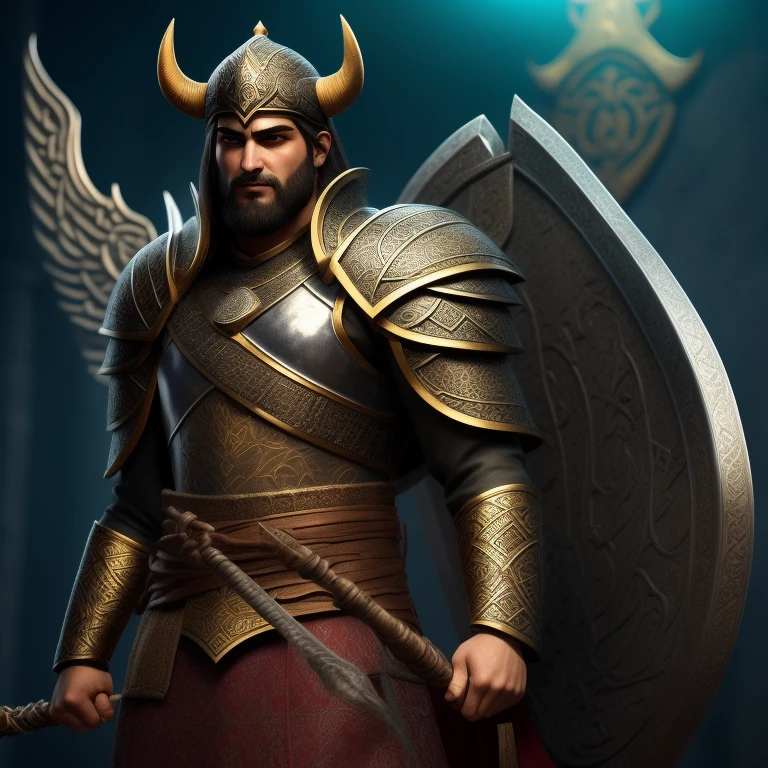 Rostam, the most celebrated legendary hero in Shahnameh and Iranian mythology, was always represented as the mightiest of Iranian paladins with an aura evocative of the Parthian period. His powerful grant Gorz, resembling a bull skull, functioned as his magic weapon, imbued with ancient history and mystique. With characteristics of the vikings and a distinguished personality, Rostam was not only a great warrior but also a living legend. His totem symbolized the Persian faith, with Ahoramazda, the god of wisdom and creation, and the winged lion embodiment of the hero's strength and divinity.
High-resolution image