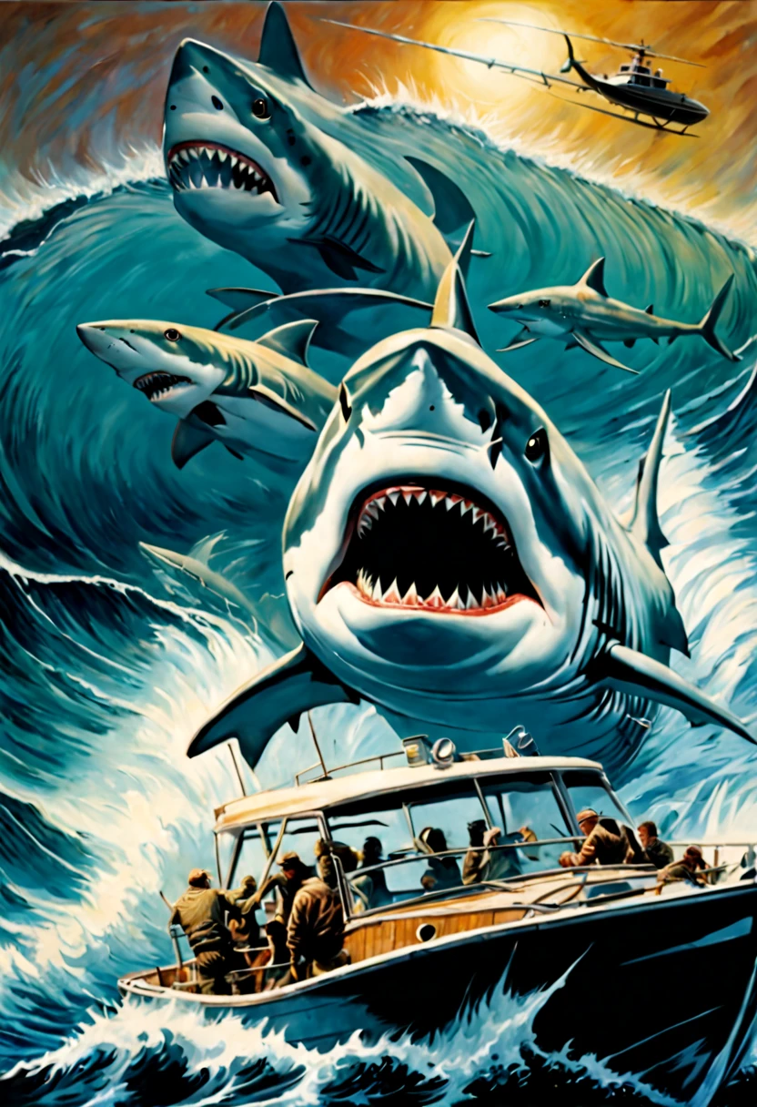 a painting of a shark attacking a boat, poster art by Drew Struzan, fantastic realism, movie poster, Ink, Spray, Pencil & Acrylic Paint On Paper