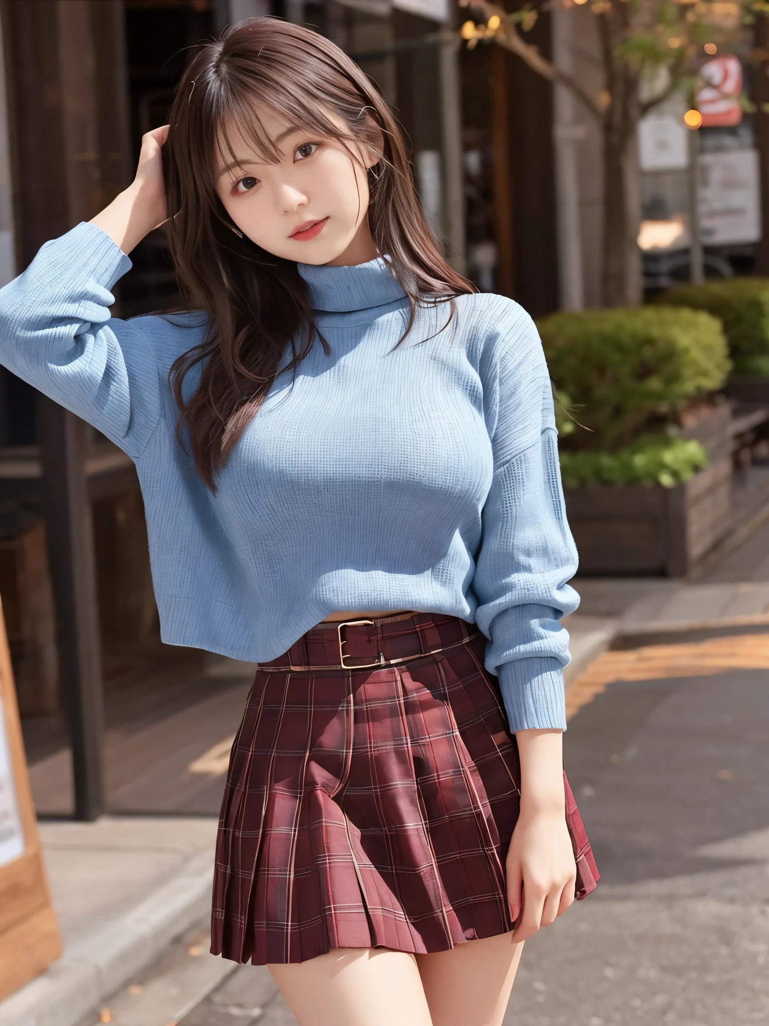japanese girl、girl in her 20s、perfect body shape、Transparency、big breasts、Tight sweaters、Tartan checked skirt、light blue shirt、fiery idol pose、sensual look、shiny thighs