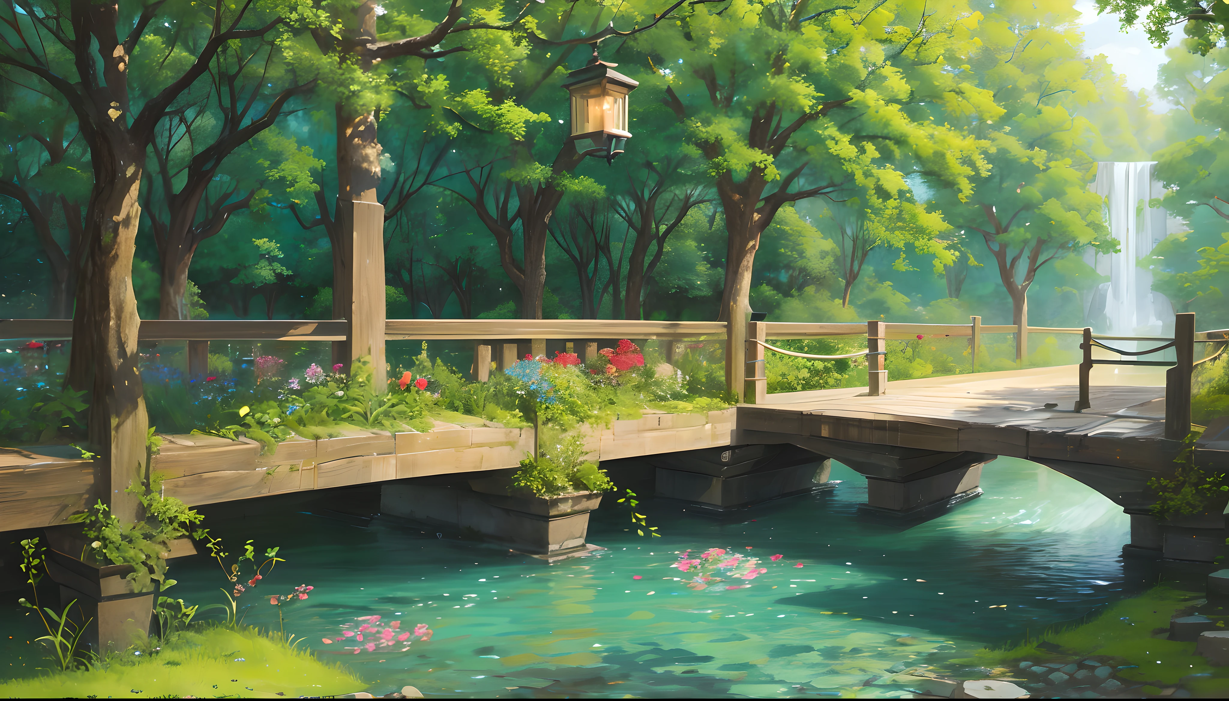 evening, green trees, willows flying, surrounded by blue water, Small bridge and flowing water, antique, Floral fragrance, As gentle as jade, birds singing and flowers, Water town paintings, laid back, real photography, 16k resolution