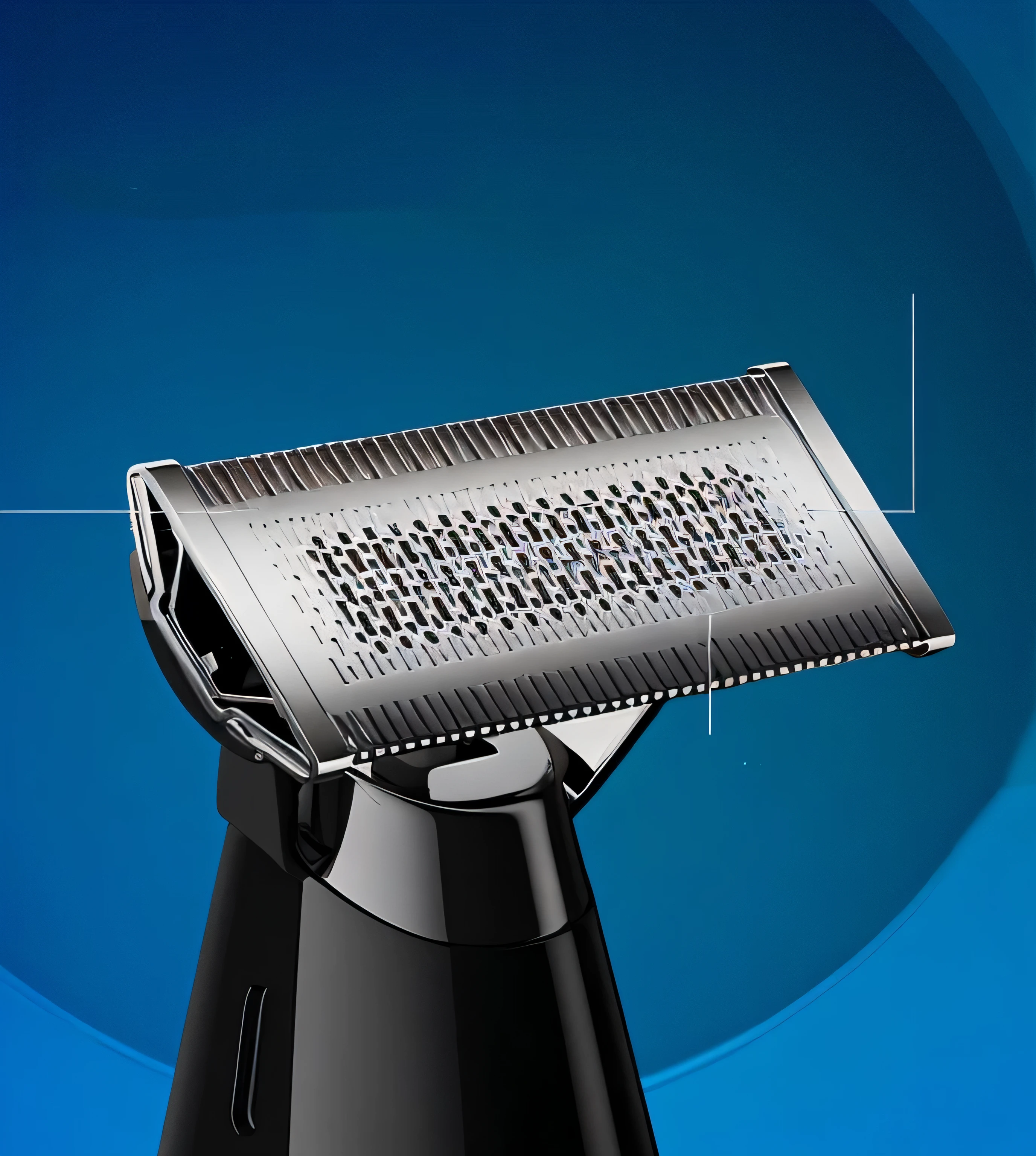 there is a black and silver electric toothbrush on a blue background, very sharp and detailed image, product photo, hyper detailed ultra sharp, clean shaven!!!!, highly detailed product photo, clean shaved, extremely sharp detail, extremely detailed frontal angle, smooth and sharp, shaven, cleanshaven!, professional product photo, professional product shot, tapered hairline