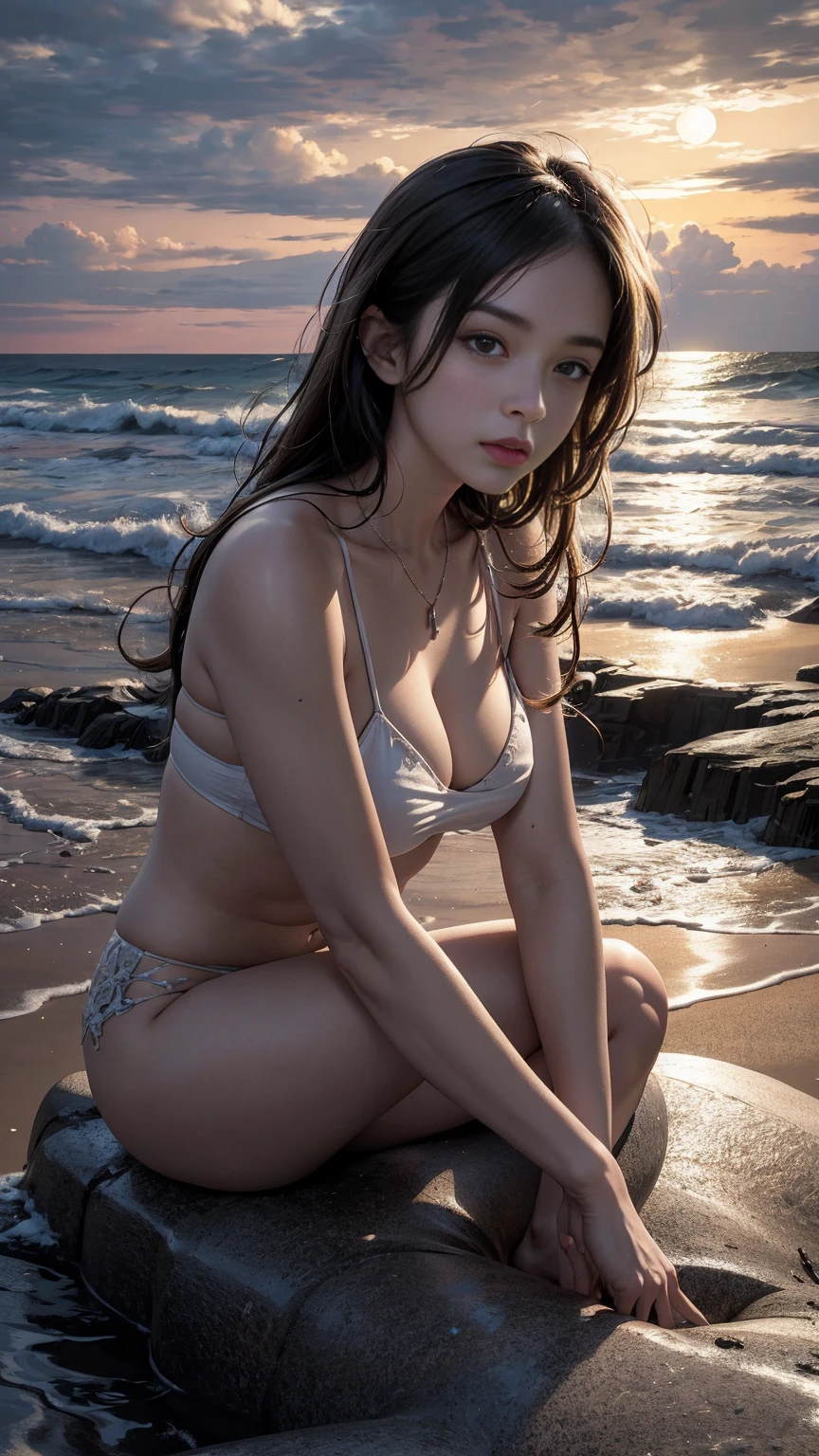(masterpiece, best quality: 1.2), ultra detailed, cinematic lighting, HDR, illustration, landsape, 1girl, (soft colors), post-apocalyptic beach, the night, desolate atmosphere, girl sitting on the sand, covered vegetation, (overcast sky), waves crashing on the coast, (melancholic but hopeful), quiet moment of respite, (detailed textures), windswept hair, cloudy at night
