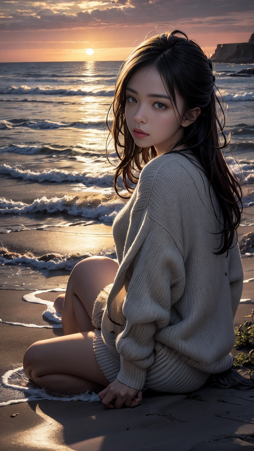 (masterpiece, best quality: 1.2), ultra detailed, cinematic lighting, HDR, illustration, landsape, 1girl, (soft colors), post-apocalyptic beach, the night, desolate atmosphere, girl sitting on the sand, covered vegetation, (overcast sky), waves crashing on the coast, (melancholic but hopeful), quiet moment of respite, (detailed textures), windswept hair, cloudy at night