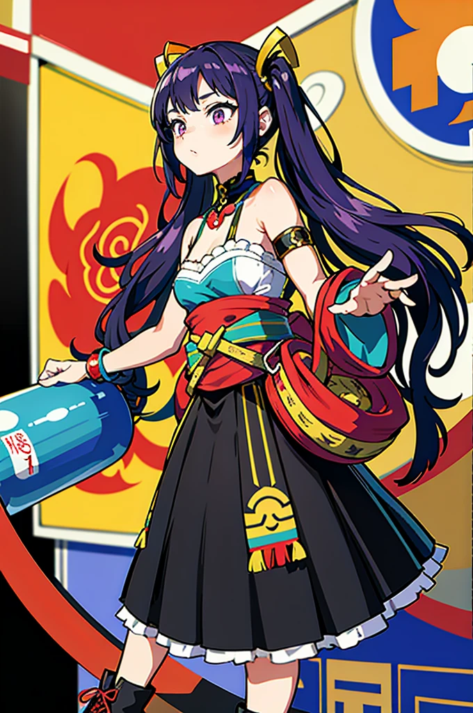 (absurdres, highres, ultra detailed), (1girl:1.3), twintails, purple hair, BREAK , glitch art, digital distortion, pixelated fragments, data corruption, colorful noise, visual chaos, contemporary aesthetics BREAK , enamel art, glass-like surface, vibrant colors, glossy finish, reflective textures, rich pigments, fluid forms BREAK , ethnic style, traditional clothing, vibrant patterns, handmade textiles, cultural motifs, beaded jewelry, artisanal accessories