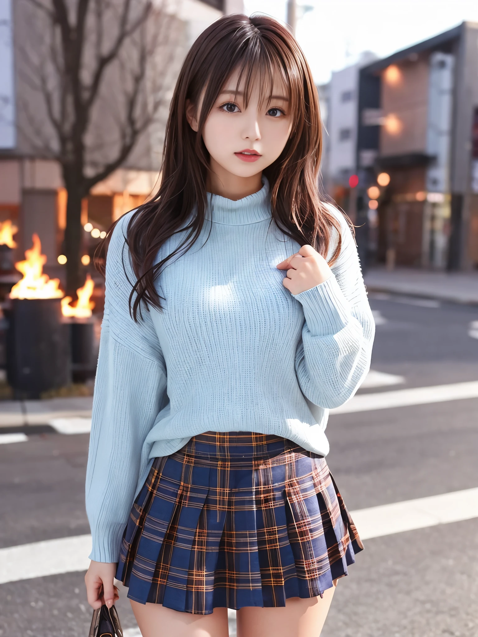 japanese girl、girl in her 20s、perfect body shape、Transparency、big breasts、Tight sweaters、Tartan checked skirt、light blue shirt、fiery idol pose、sensual look、shiny thighs