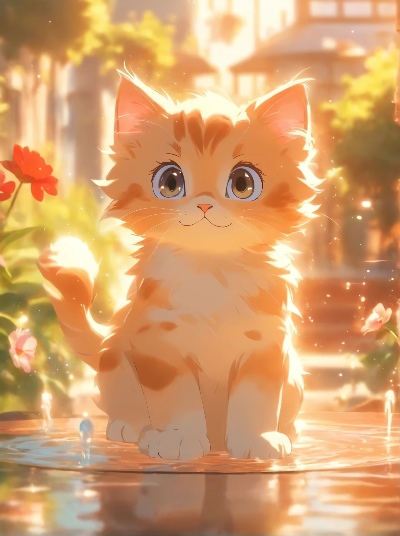 A cute kitten with round eyes playing with it, Garden fountain, , House in the distance, Mirror effect