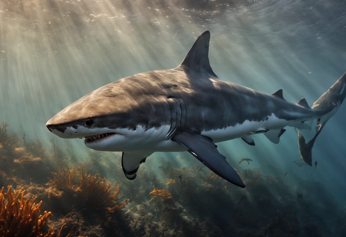 (best quality,4k,8k,highres,masterpiece:1.2),ultra-detailed,realistic underwater photography of a (majestic,mighty) white shark, (captivating,mesmerizing) (close-ups,detail shots) of the shark's (fierce,strong) eyes and (sharp,powerful) teeth, (graceful,fluid) movements of the shark in the (crystal-clear,pristine) water, (sunlight,muted light) filtering through the surface, revealing the (striking,vibrant) colors of the underwater world, (dramatic,ethereal) (lighting,atmosphere) creating a sense of (mystery,wonder), (expertly-captured,award-winning) (composition,angle) showcasing the shark's (impressive,majestic) size and presence, (subtle,gentle) (coral,seaweed) formations adding depth and texture to the scene, (senses,immerses) viewers into the (captivating,turbulent) world of the ocean, leaving them in awe of the beauty and power of the white shark.