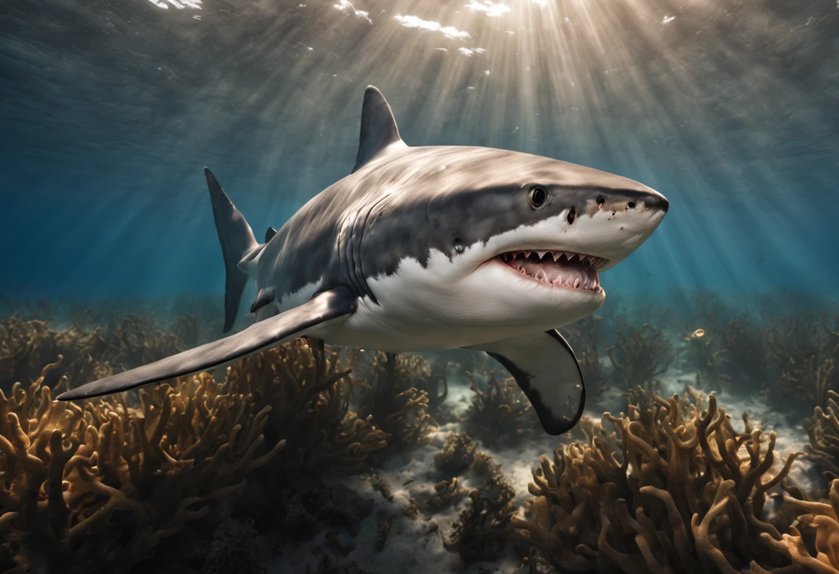 (best quality,4k,8k,highres,masterpiece:1.2),ultra-detailed,realistic underwater photography of a (majestic,mighty) white shark, (captivating,mesmerizing) (close-ups,detail shots) of the shark's (fierce,strong) eyes and (sharp,powerful) teeth, (graceful,fluid) movements of the shark in the (crystal-clear,pristine) water, (sunlight,muted light) filtering through the surface, revealing the (striking,vibrant) colors of the underwater world, (dramatic,ethereal) (lighting,atmosphere) creating a sense of (mystery,wonder), (expertly-captured,award-winning) (composition,angle) showcasing the shark's (impressive,majestic) size and presence, (subtle,gentle) (coral,seaweed) formations adding depth and texture to the scene, (senses,immerses) viewers into the (captivating,turbulent) world of the ocean, leaving them in awe of the beauty and power of the white shark.