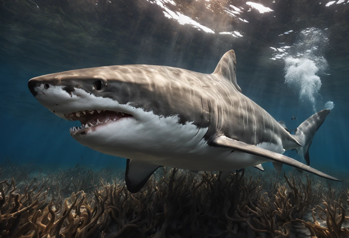 (best quality,4k,8k,highres,masterpiece:1.2),ultra-detailed,realistic underwater photography of a (majestic,mighty) white shark, (captivating,mesmerizing) (close-ups,detail shots) of the shark's (fierce,strong) eyes and (sharp,powerful) teeth, (graceful,fluid) movements of the shark in the (crystal-clear,pristine) water, (sunlight,muted light) filtering through the surface, revealing the (striking,vibrant) colors of the underwater world, (dramatic,ethereal) (lighting,atmosphere) creating a sense of (mystery,wonder), (expertly-captured,award-winning) (composition,angle) showcasing the shark's (impressive,majestic) size and presence, (subtle,gentle) (coral,seaweed) formations adding depth and texture to the scene, (senses,immerses) viewers into the (captivating,turbulent) world of the ocean, leaving them in awe of the beauty and power of the white shark.