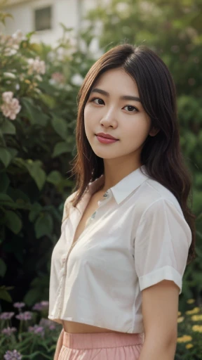 (haft body, portrait: 1.4), ((Best Quality, 8K, unreal engine, Masterpiece:1.3)), hyperrealistics style, (Image, Photograph), (Imada Mio:1.0), (Kawaguchi Haruna:0.5), Photos of young Japanese women named Haruka, 27 years old, beautiful face, very small chest, long black hair, white skin, light eyebrow, (White Shirt, Pink Skirt), double eyelids, standing in front of flower garden, sunshine, warm, looking at the viewers, highly detailed glossy eyes, high detailed skin, skin pores, beautiful, super fine face, exquisitely rendered details on face and skin texture, organic, stunningly beauty, soft and smooth body, smile, diffuse lighting, ornate, smooth