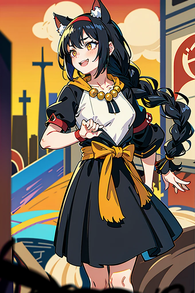 splash art, genshin impact, ice element, black hair, crossed bangs, front braid, hood, crown, scar on cheek, bead necklace, yellow hairband, symbol-shaped pupils, star-shaped pupils, longeyelashes, color contact lenses, cat ears, makeup, evil smile, excited, Surrealism, Color Field painting, Romanticism, Expressionism, Abstract expressionism, Ghibli-like colours, Post-Impressionism, anime style, silhouette, optical illusion, blurry foreground, bokeh, emphasis lines, UHD, high quality, award winning, HD