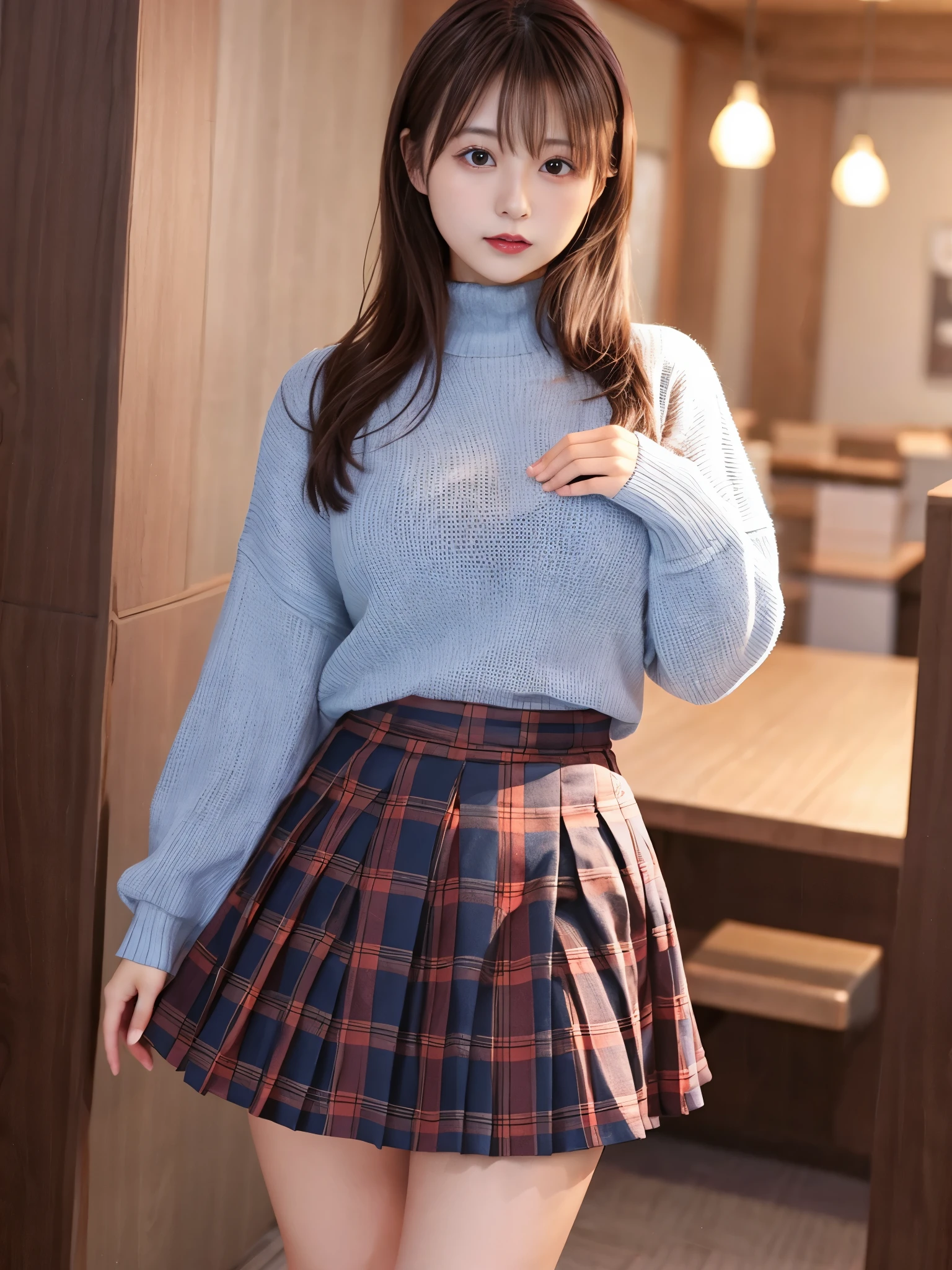 japanese girl、girl in her 20s、perfect body shape、Transparency、big breasts、Tight sweaters、Tartan checked skirt、light blue shirt、fiery idol pose、sensual look、shiny thighs