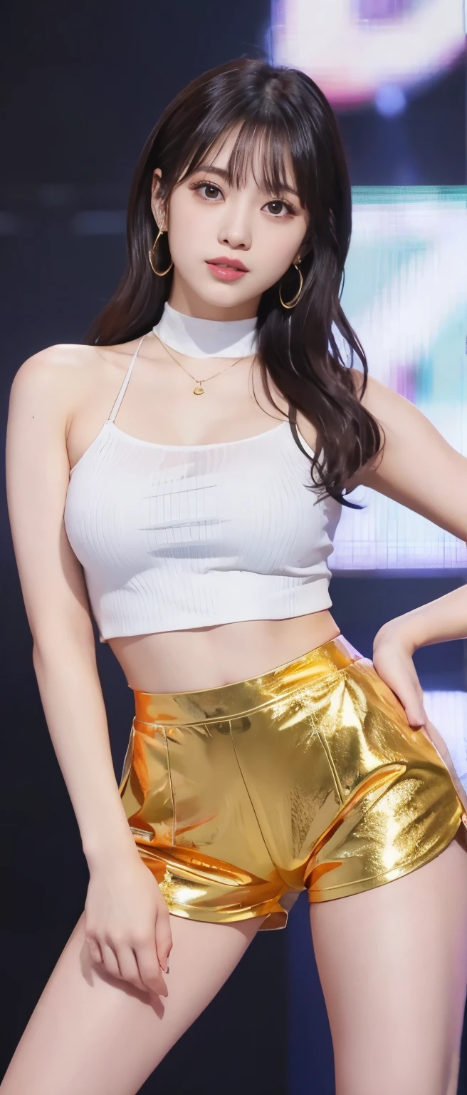 female idol、Full body Esbian、gold tight shorts、、