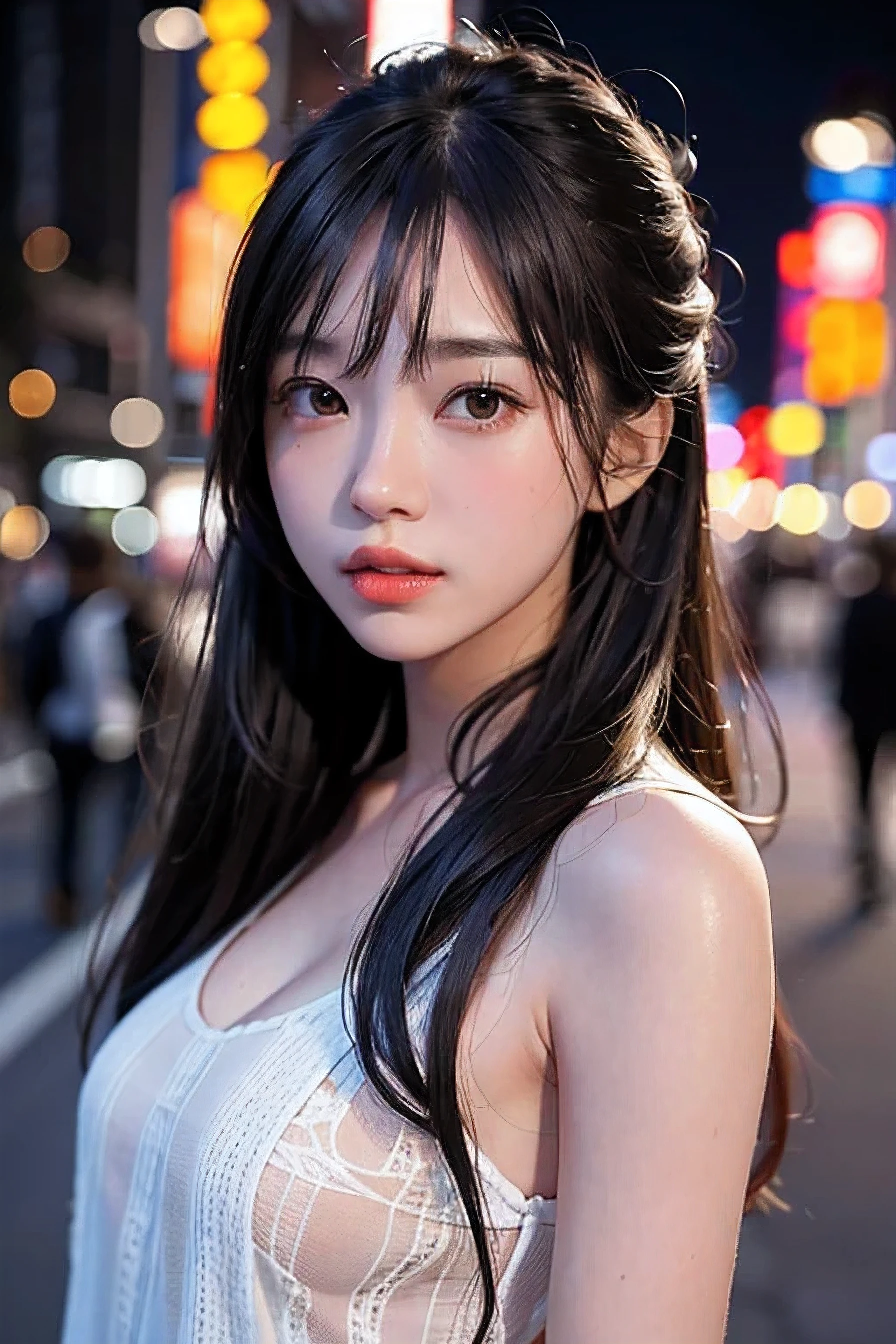 1girl, Tokyo street,night, cityscape,city lights, upper body,close-up, 8k, RAW photo, best quality, masterpiece,realistic, photo-realistic,
