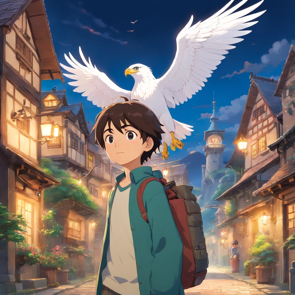 White eagle and boy painted in the style of primitivist realism,wizard、Magic Academy、Close-up、dark brown and white、Olympus irregular buildings)、patchwork cottage、Flower Embellishment、light、Concept art inspired by Andreas Rocha、 Art Station Contest Winners、fantasy art、(Underwater city)、lost run、light シャフト、realistic lighting、masterpiece、high quality、beautiful graphics、high details、masterpiece、high quality、beautiful graphics、high details、--v6