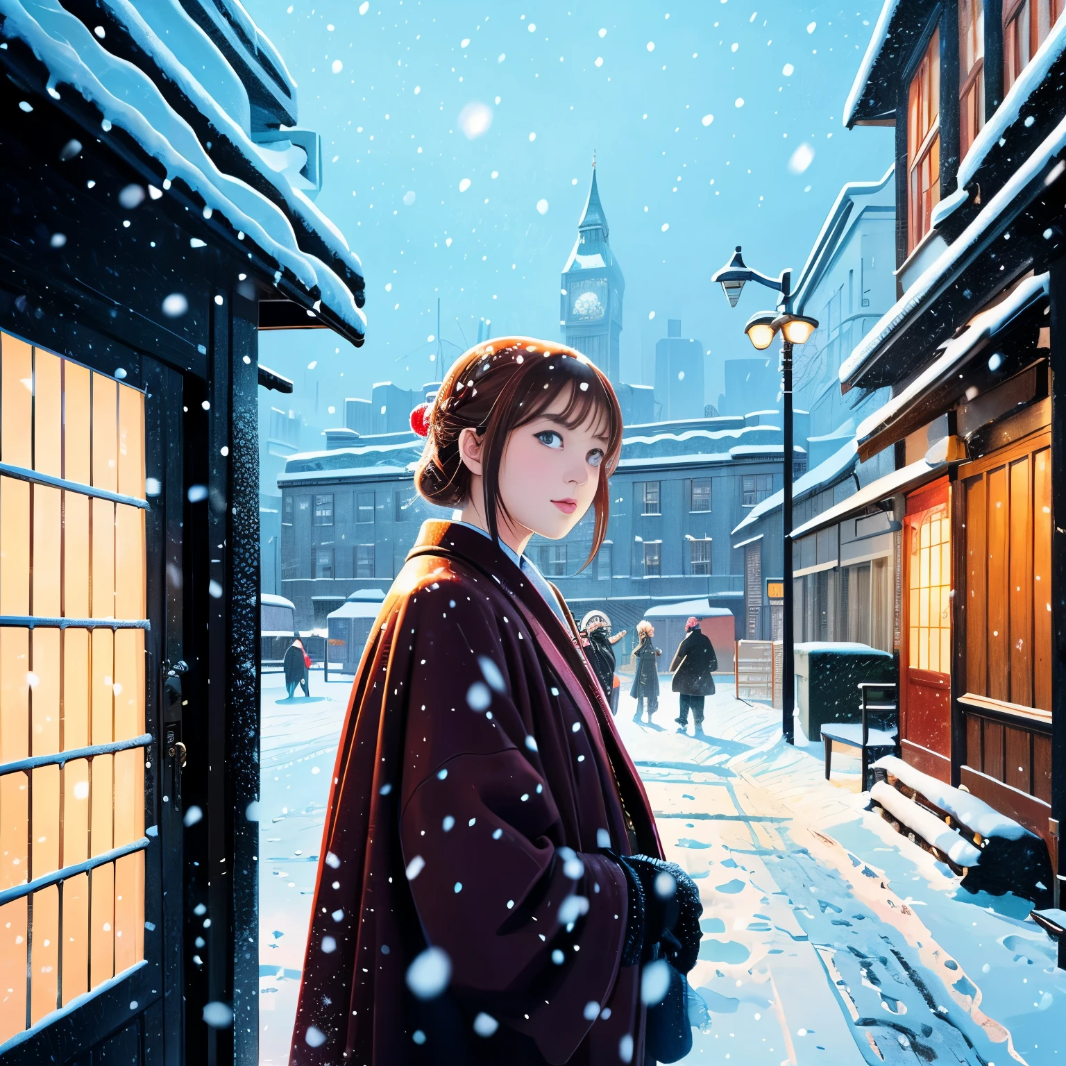 Illustration style、Showa Anime、ukiyoe painting、Woman、(Snow)、((Sensitive))、London、facing this way、high resolution