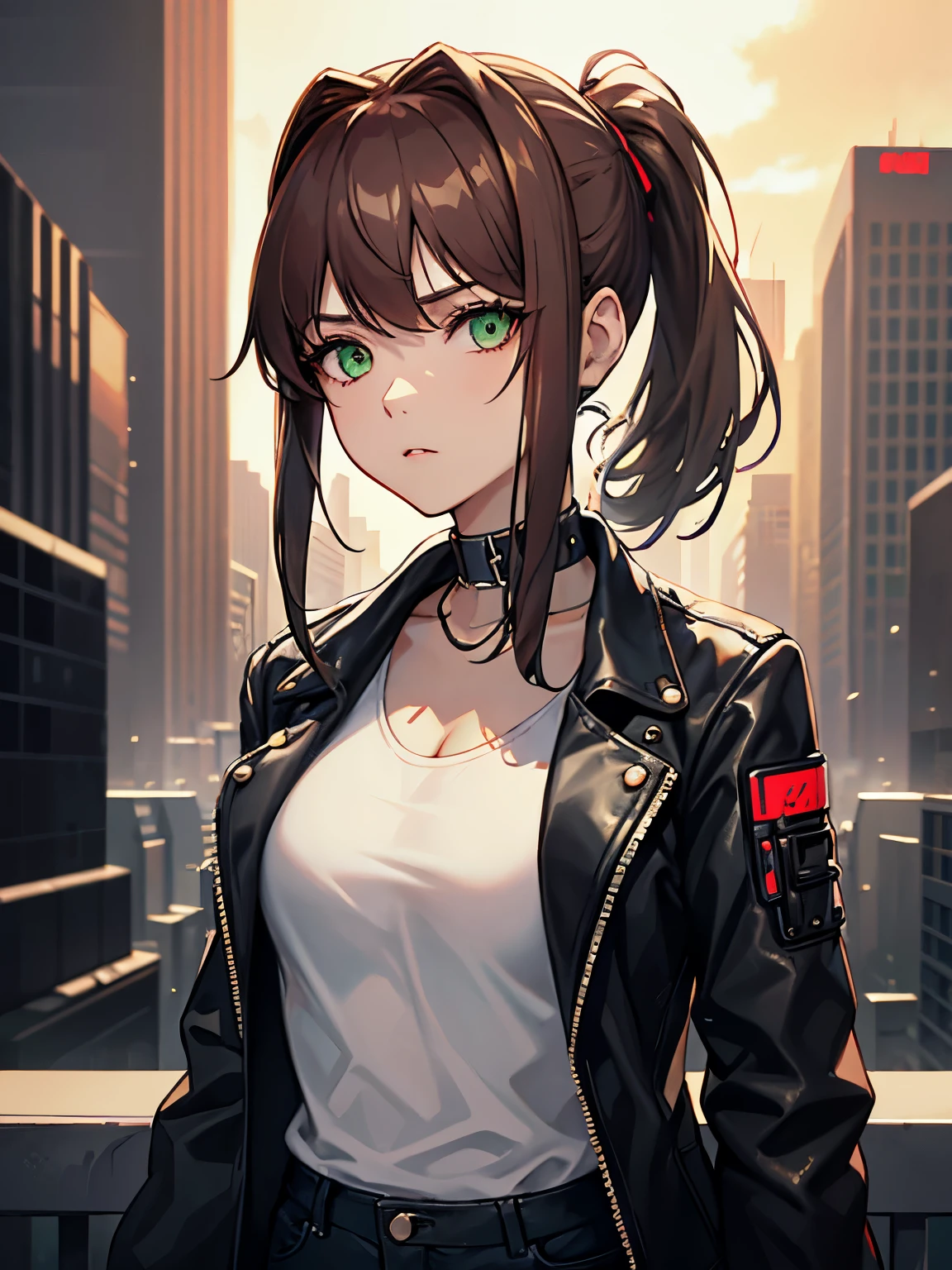 masterpiece, high detailed eyes, high detailed clothes, depressive, sci-fi, cyberpunk, anti-utopia, 1girl, solo, portrait, monika, (green eyes), brown hair, very short hair, short ponytail, face view, serious girl, serious face, looks at the viewer, cyber_mark, facial mark, cyborg, (cyberpunk style:1.3), dark lighting, white tank top, a unbuttoned black leather jacket, black jeans, cyber right arm, silver right arm, neon lane