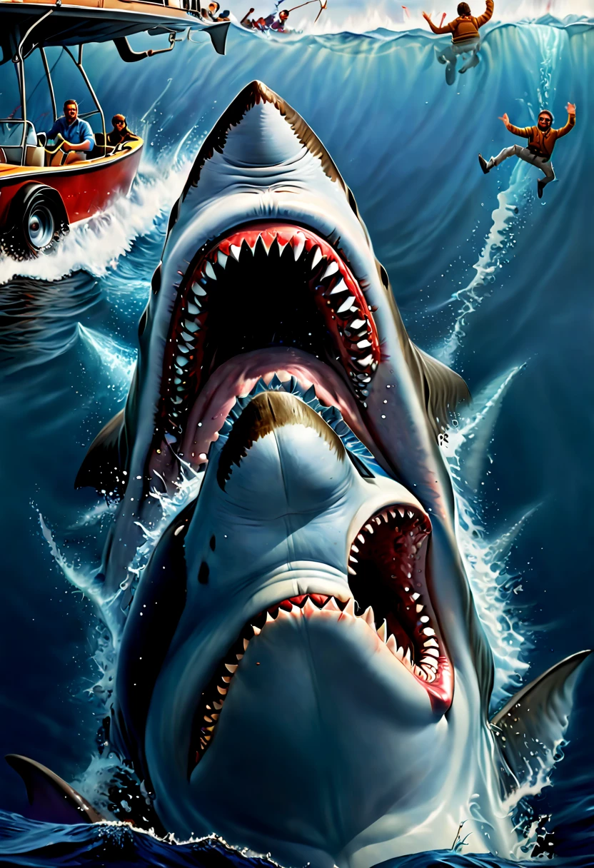 dynamic illustration, digital painting, poster style, movie poster, Cover art, inspired by movie "Jaws", (realistic, photorealistic, RAWphoto:1.4), octane render, intricate, (best quality, masterpiece, Representative work, official art, Professional, 8k wallpaper:1.3)