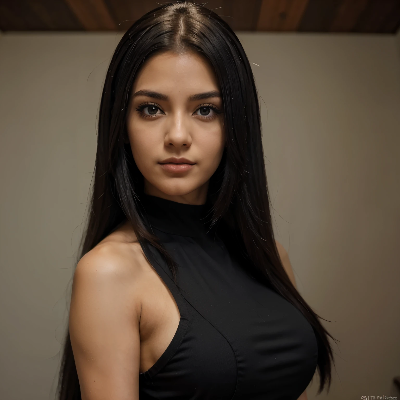 a woman with long black hair, tumblr, digital art, extra-dark natural black hair, dark hair and makeup, jet black hair, wavy long - length black hair, madison beer girl portrait, portrait sophie mudd, dark black hair, wavy long black hair, young, black hair, blue eyes, large breasts:2, slim waist, simple background,((best quality)), ((masterpiece)), (detailed), perfect face, large ass, eyeliner