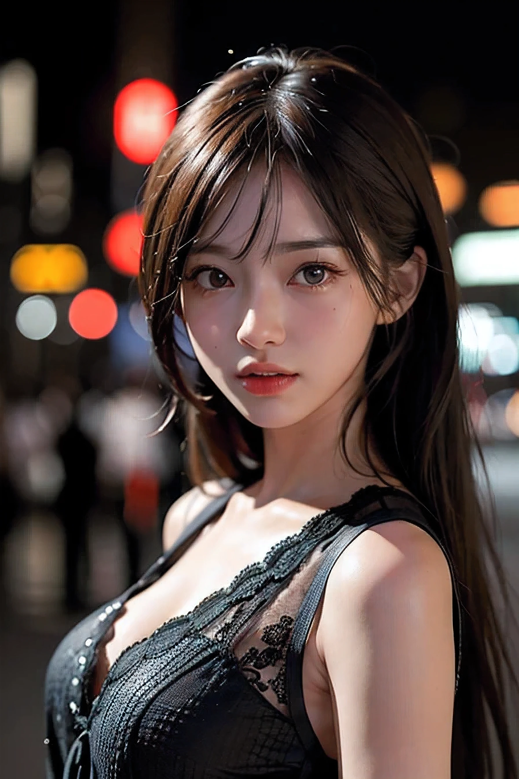1girl, Tokyo street,night, cityscape,city lights, upper body,close-up, 8k, RAW photo, best quality, masterpiece,realistic, photo-realistic,