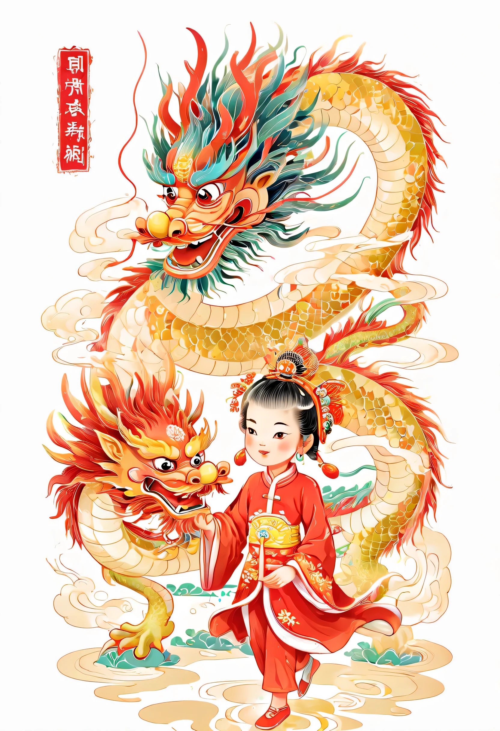 A traditional ancient Chinese little girl, Wearing a cheongsam，Wearing a dragon hat, There is a dragon dancer behind her,Traditional Chinese prints,sculpture art, Red and white color scheme, Woodblock print style, style in keith harring,flat carton,Vector illustration style,flat illustration,White background,8k