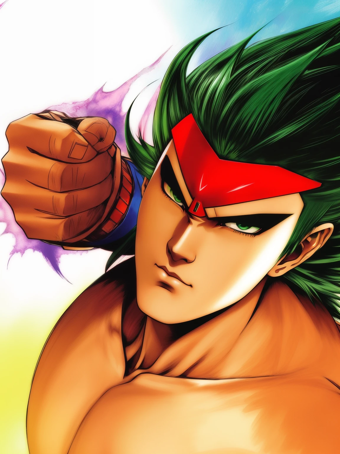 anime character with green hair and red face and red eye, kentaro miura manga art style, art jiro matsumoto, tsurumaki kazuya, kentaro miura art, striking manga artstyle, akiri toriyama, shikanosuke yagaki, toriyama akira, furio tedesschi, kentaro miura manga style