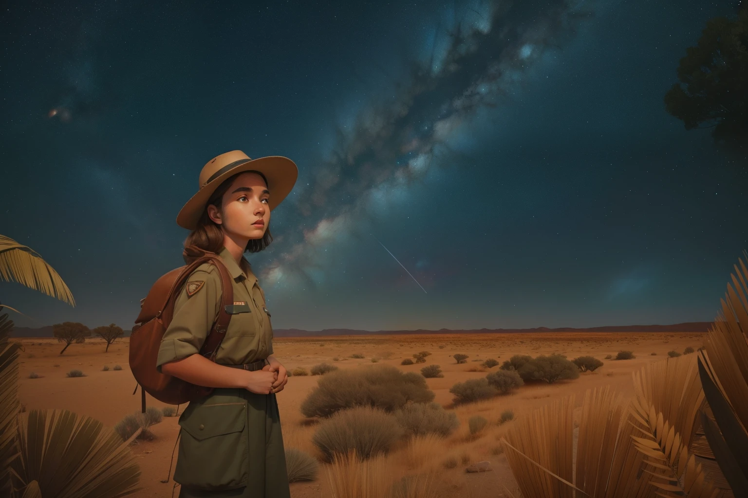 1900s Australian Outback Stargazing Adventure (Location: Bushland)
Character: An adventurous Australian girl, around , with sun-kissed hair and dressed in khaki explorer attire, embarks on a stargazing adventure in the vast Outback during the early 1900s. The night sky is adorned with constellations as she marvels at the universe. Wes Anderson's Outback palette captures the mystique of southern hemisphere nights.