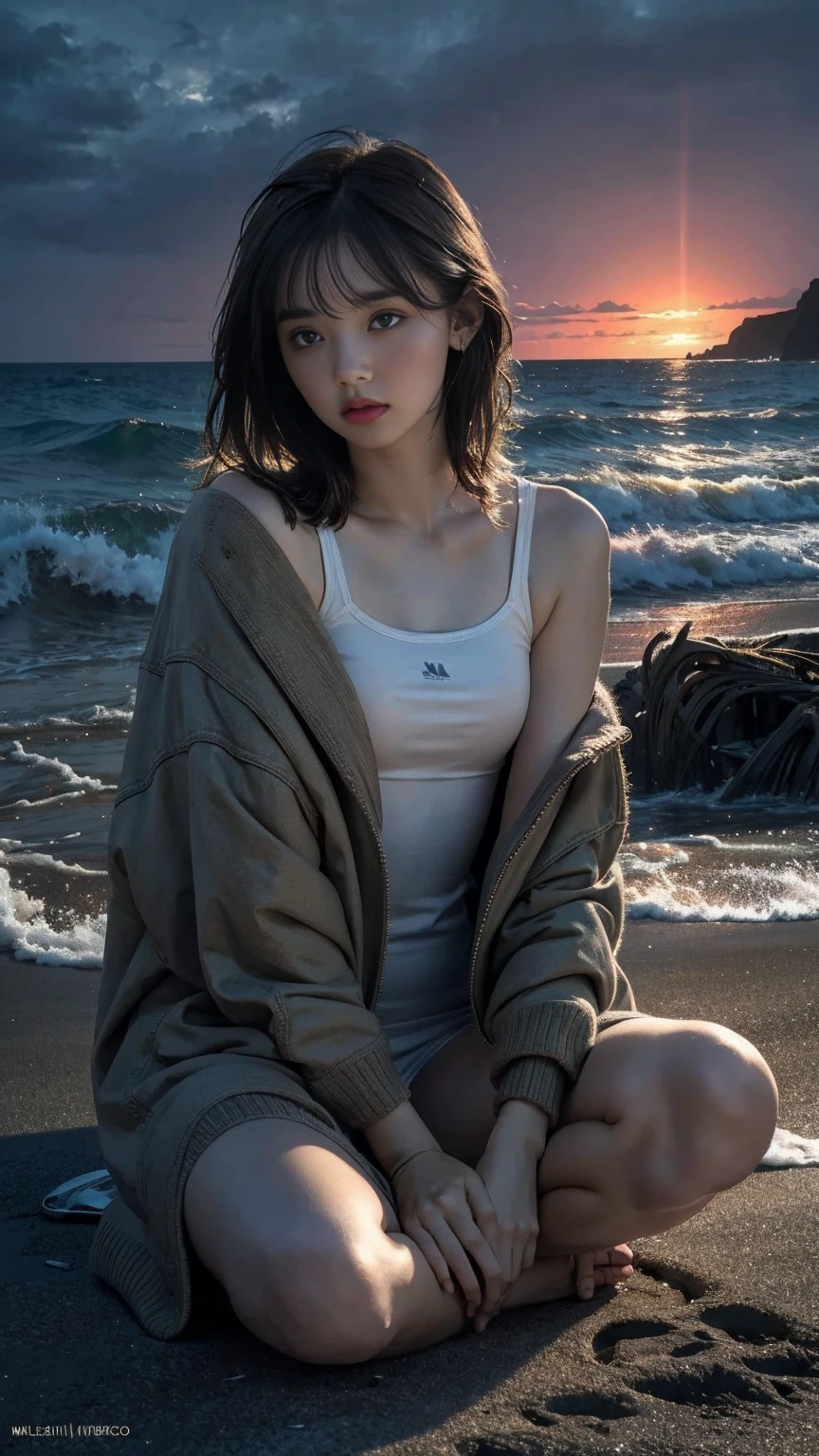 (masterpiece, best quality: 1.2), ultra detailed, cinematic lighting, HDR, illustration, landsape, 1girl, (soft colors), post-apocalyptic beach, the night, desolate atmosphere, girl sitting on the sand, covered vegetation, (overcast sky), waves crashing on the coast, (melancholic but hopeful), quiet moment of respite, (detailed textures), windswept hair, cloudy at night, rainbow, dolphin swim