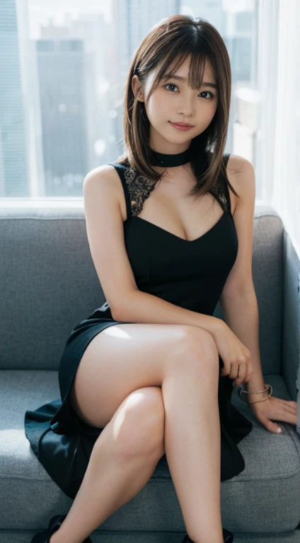 [Realistic], middle aged, Beautiful Witch, Dark moments of the morning, (((Sitting with legs wide apart on a dark blue sofa))), >>, whole body, thin, small, Realistic beautiful Japanese old woman, Landscape, Cinema Lighting, The viewpoint is low, The background is midnight Tokyo reflected in the large window., Perfect Face, The hairstyle is without bangs., Iris, Dark blue mesh choker, Dark Blue Hoodie, Dark blue lace bra, person watching, ((smile: 1.5)), Subjective, ((Skin with attention to detail)))))), ((Wrinkle :1.1, Eyelid Wrinkle:1.2, Nasolabial folds:1.4)), 8k, Sharp focus, Mature Woman, mature