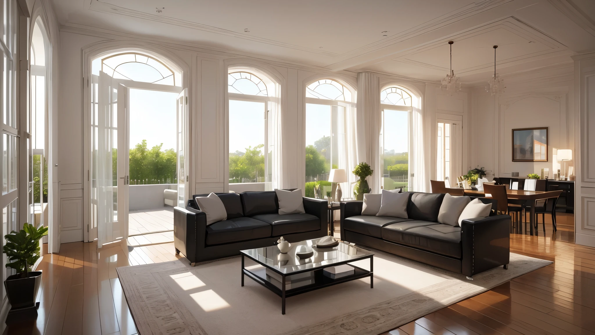 You are a famous interior designer、You have been asked to create a 3D image of a modern large room. Create a harmonious environment with modern and minimalist furniture. Including garden interior.