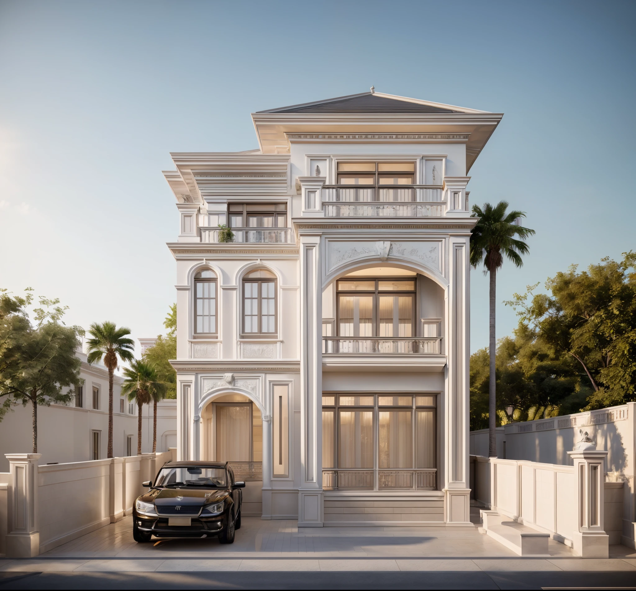 A (Photorealism:1.1) car parked in front of a two story building, clean linework, frontview, inter dimensional villa, (white wall:1.1), White column and wall details, (detail roof tile:1.1), (window glass detail:1.1), (wall lamp) 3rd floor details, (Balcony fence details:1.1), exterior design, white detailed sketch, neo - classical style, architectural illustration, realistic architecture, architectural concept, residential design, (masterpiece),(high quality), best quality, real,(realistic), super detailed, (full detail),(4k),8k,architecture, RAW photo,Masterpiece, high quality, best quality, authentic, super detail, exterior, outdoor town house style, street, white wall, louver roof, refection glass windows, climbing plant on the bacony,(straight line architecture arch:1.2), trees, beautifuL sky, (day:1.1),vray, people walking on the sidewalk in front of a house, photo render, corporate photo, digitally enhanced, render, exterior shot, photorealistic, screengrab, (god ray:1.1), digitally painted, transparent, front-view, an illustration of, full - view, discovered photo, still capture, unreal engine 5, octane render, cinematic, front lighting, ultra-detail, ((realistic)) depth of field, photography, ((Super detailed)), FKAA, TXAA, RTX, SSAO, Post Processing, Post-Production, CGI, VFX, SFX, Full color, HDR, Realistic,8k,((Unreal Engine 5)), Cinematic intricate detail, extreme detail, science, hyper-detail, FKAA, super detail, super realistic, crazy detail, intricate detail, reflected light on glass, eye-catching wall lights, unreal engine 5, octane render, cinematic, 8K,Detailed, High-fidelity, Viwvid, Crisp, The sun shines on the project,  Sharp, soft lighting, Bright, Stunning low, ((Lifelike)), Natural, ((Eye-catching)), Illuminating, Flawless, High-quality,Sharp edge rendering