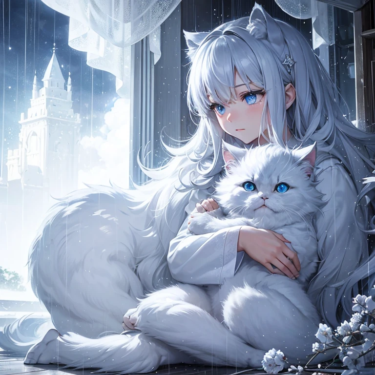 Persian cat,white fur,blue eyes,Sitting sad, tears flowing, turning to look at the sky full of stars and rain falling, feeling tired and sad.