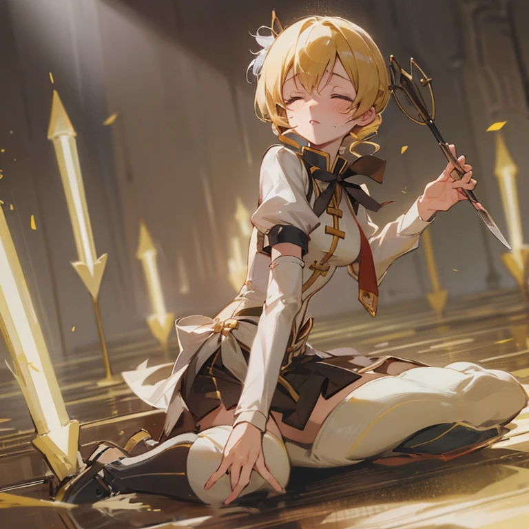 1 girl, perfect lighting, 8K, 1080P, mami tomoe, kneeling, tottering, bend back, closed eyes, pain, moaning, arrow pierce body