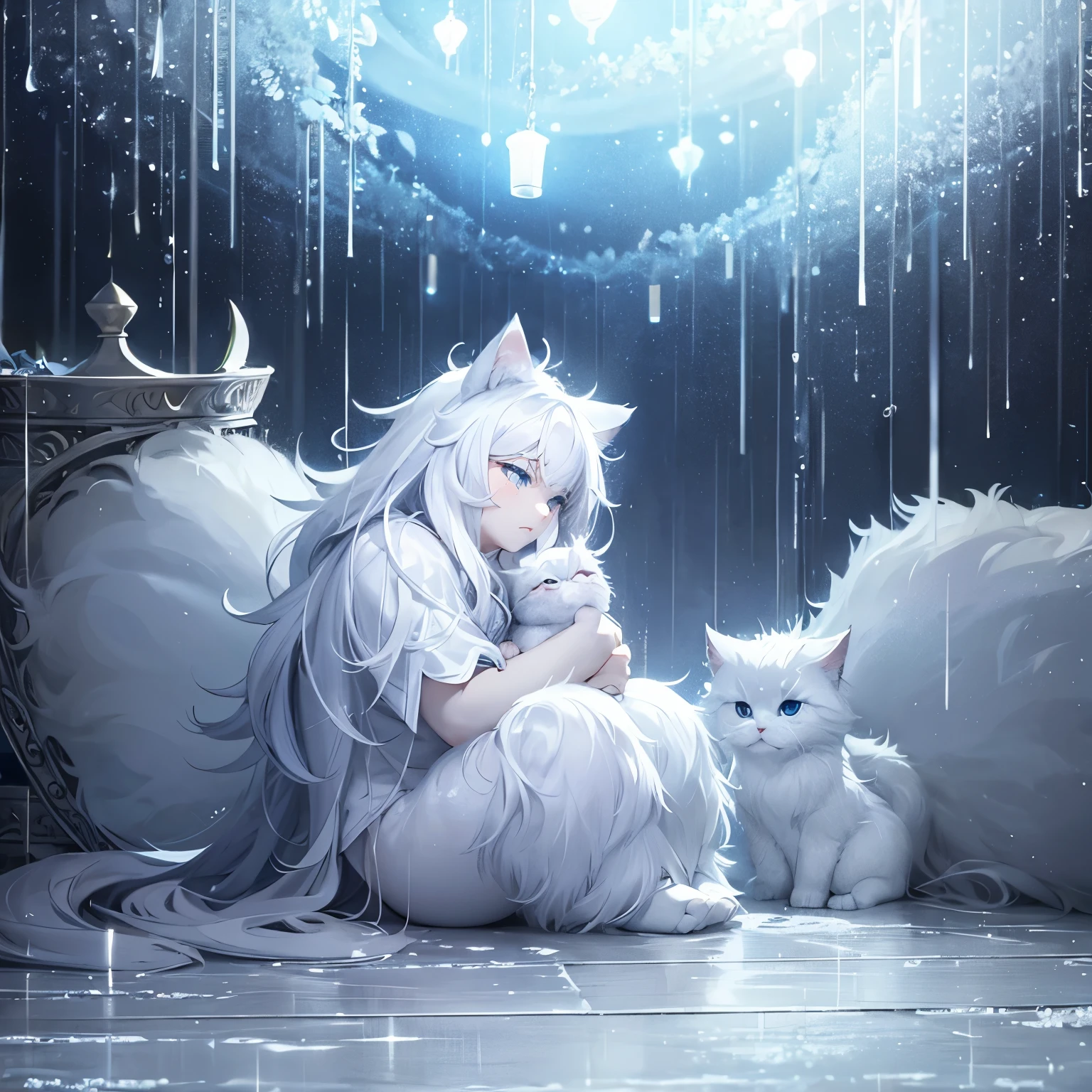 Persian cat,white fur,blue eyes,Sitting sad, tears flowing, turning to look at the sky full of stars and rain falling, feeling tired and sad.