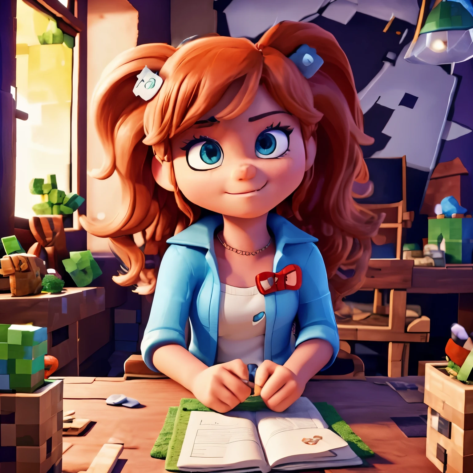 Create a scene in the world of Minecraft, showing Daniel, a skilled and courageous character, saying an incredible prayer to God in the kingdom of Dariocraft. Make sure the scene conveys the idea of courage and confidence, with Daniel and the block lions working together to overcome the game's challenges. Make sure to include colorful and vivid details that highlight the exciting and playful nature of the Disney Pixar-style Minecraft world.