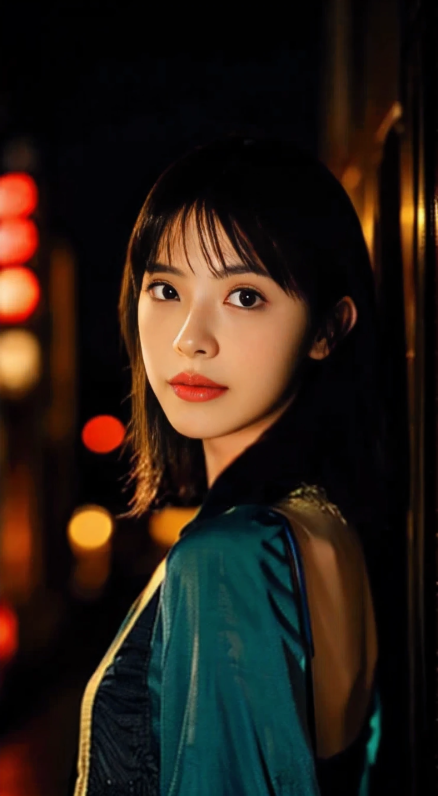 1girl, Tokyo street,night, cityscape,city lights, upper body,close-up, 8k, RAW photo, best quality, masterpiece,realistic, photo-realistic,
