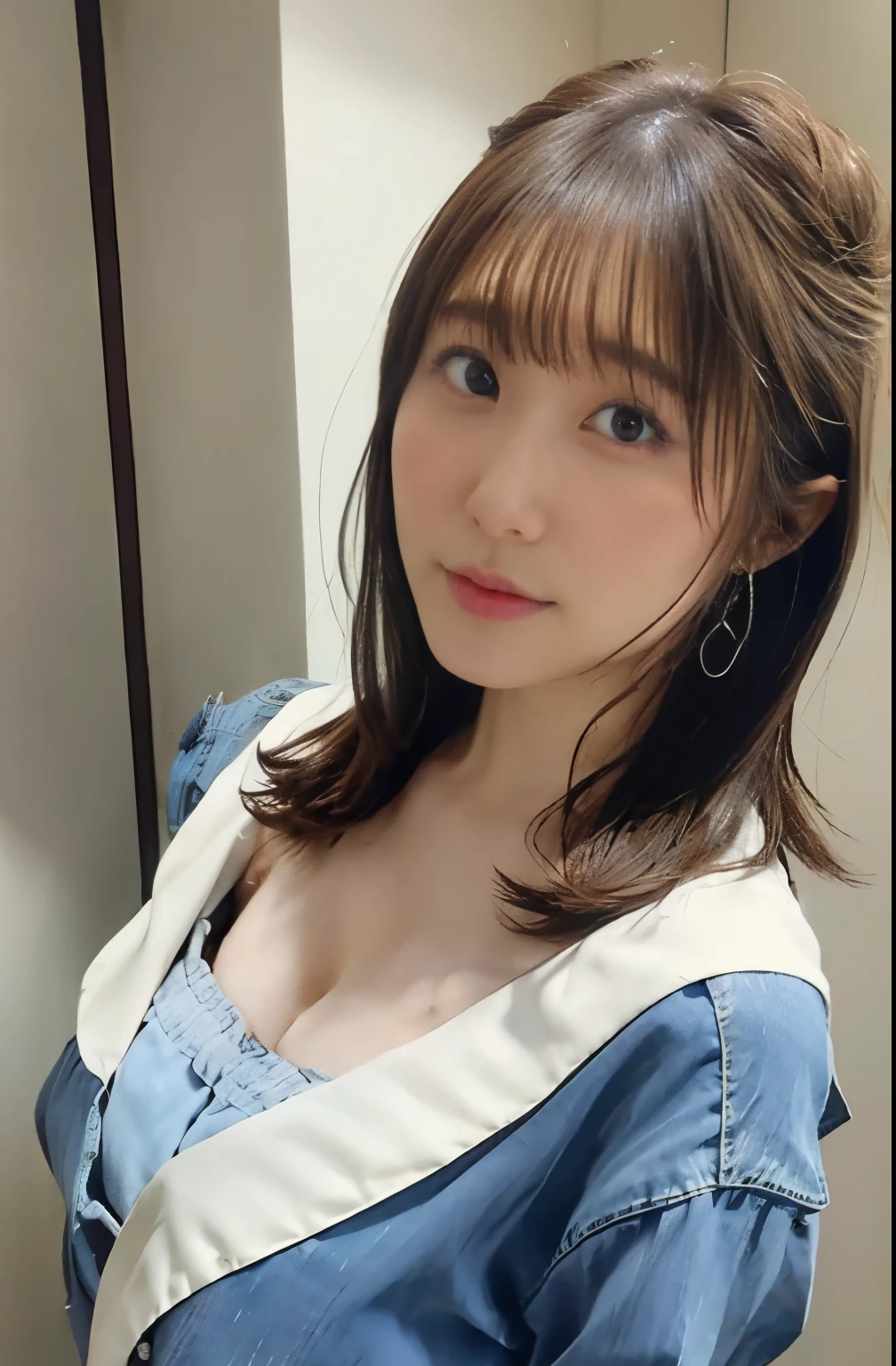 1girl in、33year old、japanes、huge tit、g-cup、Lower milk is visible、Brown hair short hair、Wearing denim shorts、Standing in a luxury hotel room, nsfw,