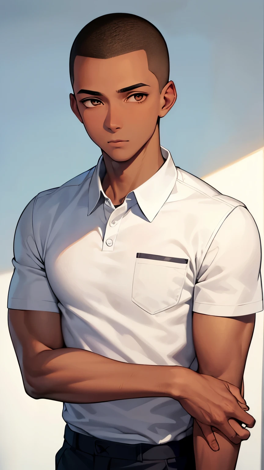 1 boy, brown skin, buzz cut, tall, muscular arms, wearing a school uniform