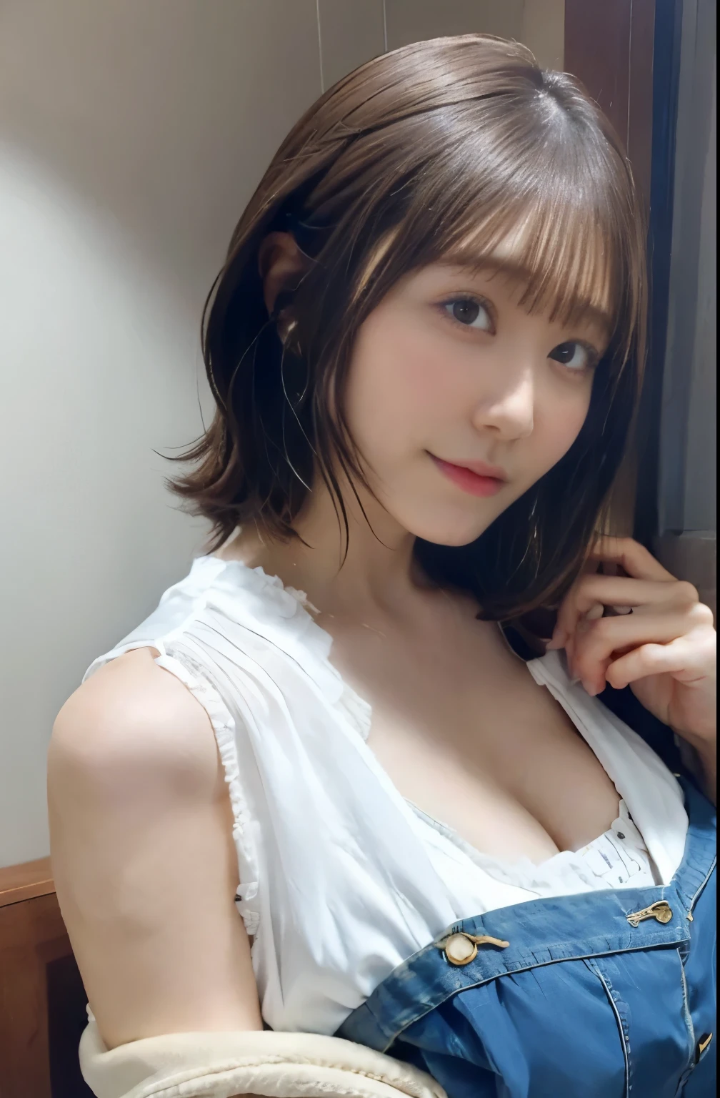 1girl in、33year old、japanes、huge tit、g-cup、Lower milk is visible、Brown hair short hair、Wearing denim shorts、Standing in a luxury hotel room, nsfw,