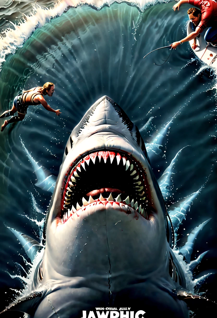 poster style, movie poster, Cover art, inspired by movie "Jaws", (realistic, photorealistic, RAWphoto:1.4), octane render, intricate, (best quality, masterpiece, Representative work, official art, Professional, 8k wallpaper:1.3)