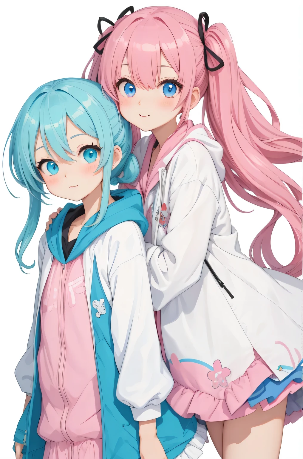 Masterpiece, top quality, highres, (white background:1.8), detailed eyes,blight eyes,anime characters with pink hair and blue eyes standing next to each other, anime girls, two beautiful anime girls, pink and blue, pink twintail hair and cyan eyes, rem rezero, anime moe artstyle, shirabii, cute anime style, blue and pink, cute anime, anime style 4 k, twintails, pastel colors only, anime art style