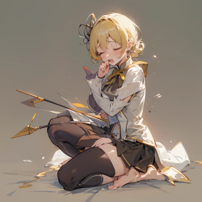 1 girl, perfect lighting, 8K, 1080P, mami tomoe, kneeling, tottering, bend back, closed eyes, pain, moaning, arrow pierce body