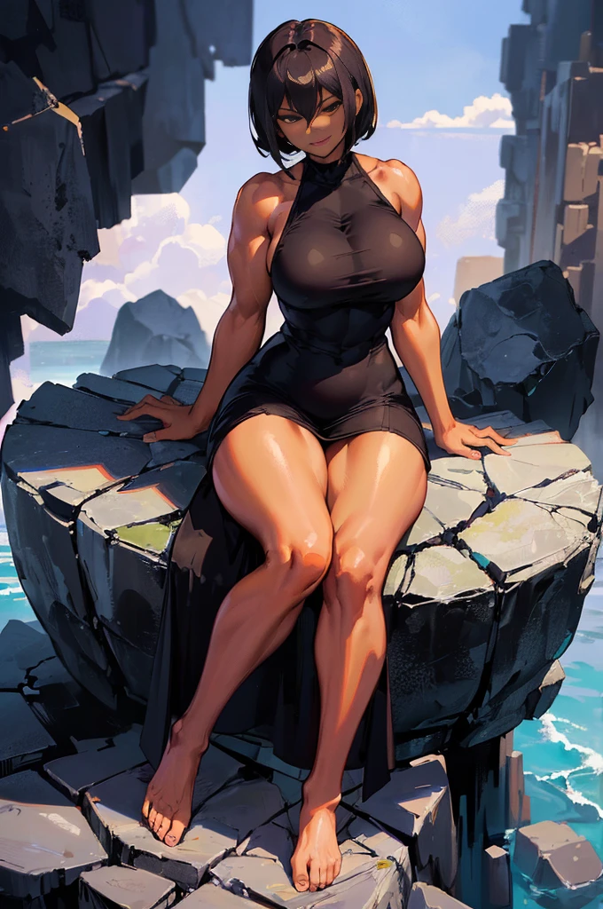 (full body:1.2), Dark skin milf, short hair, sleevless long dress, sitting on big rock, (seductive smirk, thighs,muscular body, bare feet:1.4)