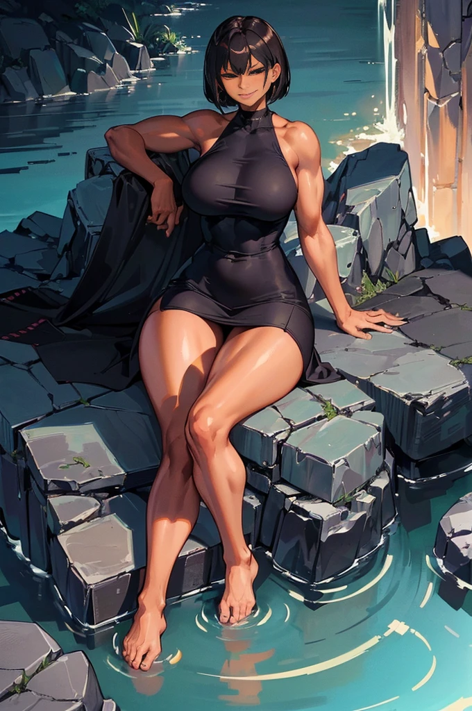 (full body:1.2), Dark skin milf, short hair, sleevless long dress, sitting on big rock, (seductive smirk, thighs,muscular body, bare feet:1.4)