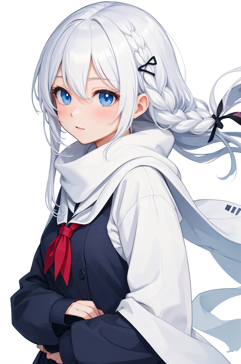 Masterpiece, top quality, highres, (white background:1.8), detailed eyes,blight eyes, ph elaina, (long white sleeve:1.4) Eoutfit4, (wearing a scarf:1.2), upper body, elaina (majo no tabitabi), solo, long hair, bow, blush, bangs, hair between eyes, blue eyes, hair bow, shiny hair, sidelocks, hair tubes, white hair, single braid, shiny, hair ribbon, anime color, tokiwadai school uniform, strong wind, wind, outdoor, snow,  