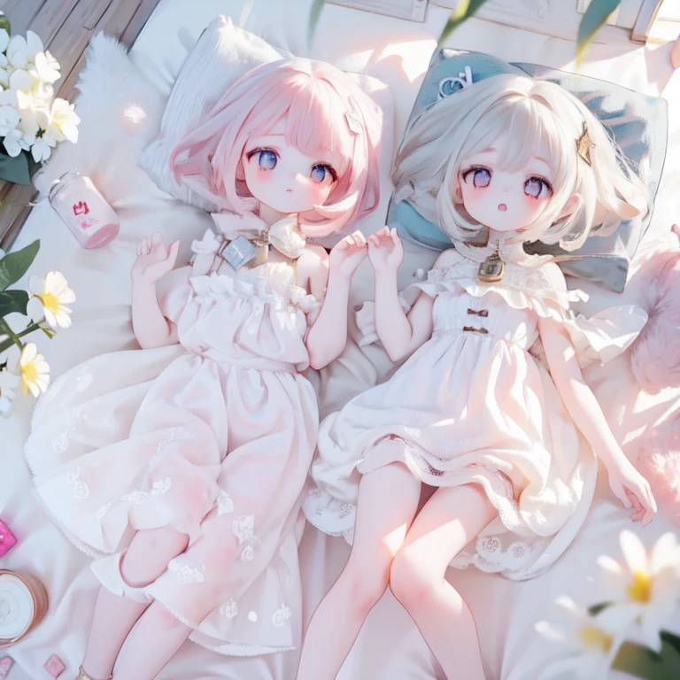 whole body，Two cute girls，Milky white liquid sticks to the body，Double ，A girl was stabbed through the abdomen，There is a pool of blood on the ground，There is blood on the knife，Looking directly at another person，Two people holding each other with their hands，2 girls on the beach，high resolution、Super detailed artwork，She&#39;s wearing a ridiculous outfit with ridiculous details，Consists of a pink dress made of transparent lace，The skirt fell down to her feet，A river of milky liquid formed,white lace, high resolution, Super detailed, most detailed，nude，barefoot，There is milky white fluid flowing out of the chest，barefoot，nude，Lying in bed，Milky white liquid was ejaculated by pressing the breasts，Milky white fluid flowing out of the chest